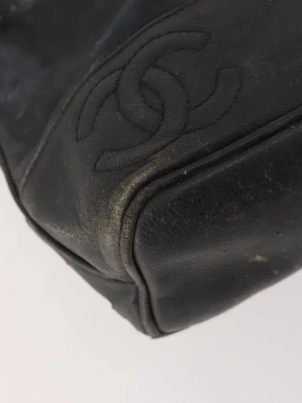 CHANEL Backpack Grained Calf Skin Black Silver CC Auth BA12657